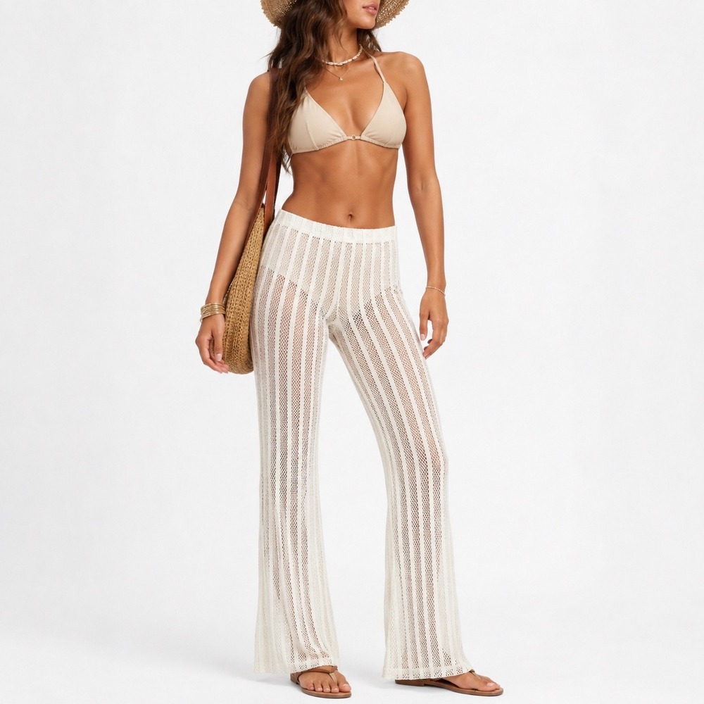 Petal Dew Ivory Crochet Beach Swim Cover Up Boho Pants Flared Leg Womens Large